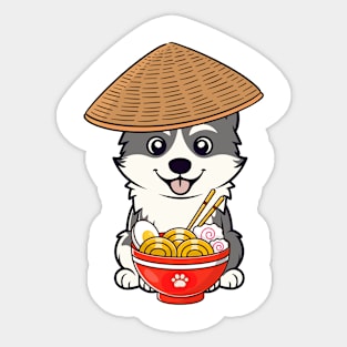 Funny husky dog is eating noodles Sticker